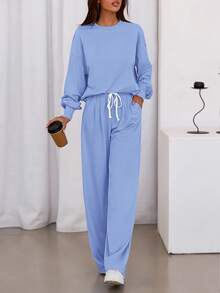Womens 2 Piece Sets Long Sleeve Sweatshirt Wide Leg Pants Loose Matching Lounge Set  Fall Outfits - Blue - View 1