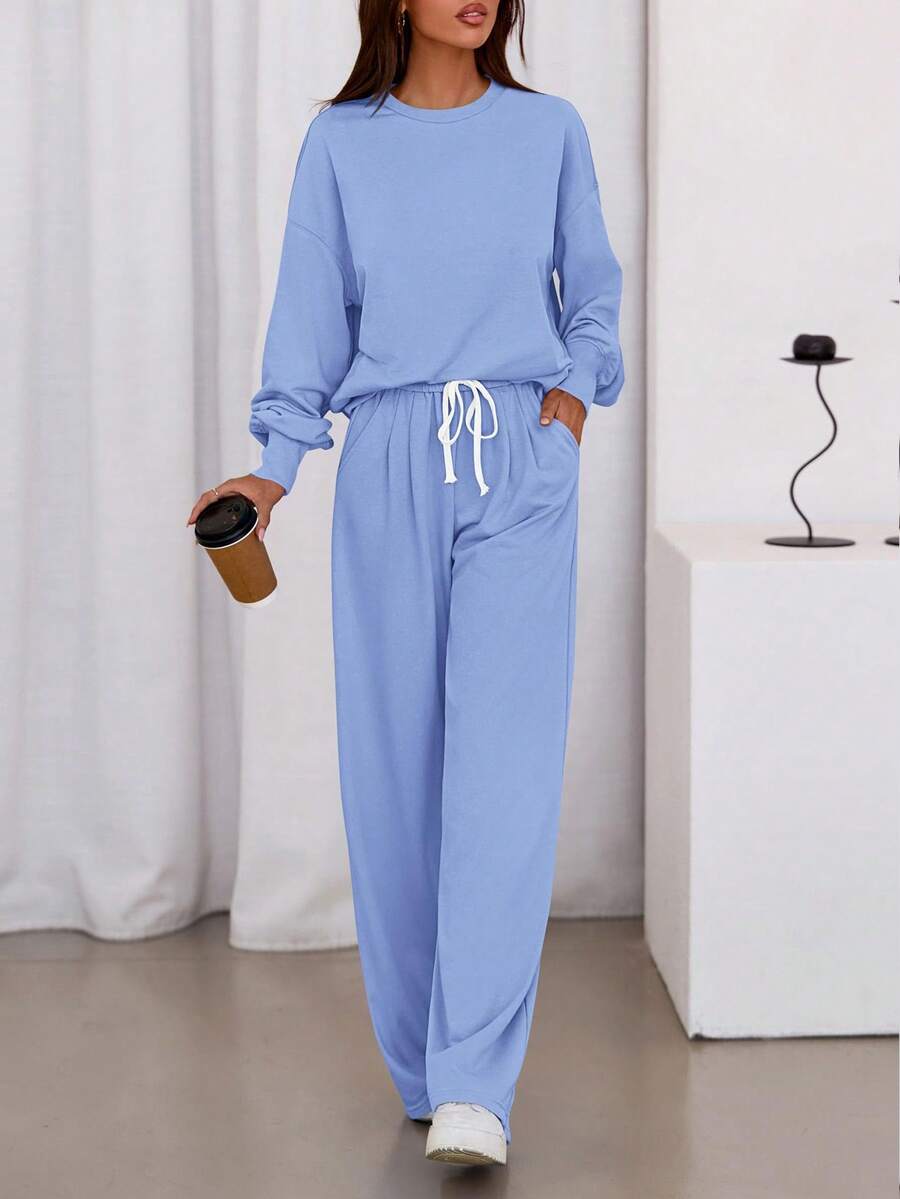 Womens 2 Piece Sets Long Sleeve Sweatshirt Wide Leg Pants Loose Matching Lounge Set Fall Outfits - Blue - View 1