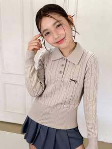 Dazy Kids Tween Girl Bow Decor Polo Neck Long Sleeve Casual Sweater, Autumn/Winter - Apricot - View 3