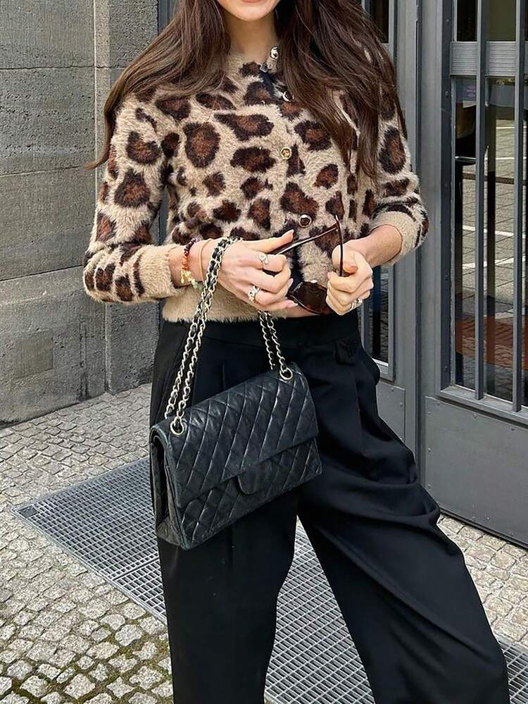1pc Women's Retro Elegant Leopard Print Knitted Cardigan With Metal Buttons, Suitable For Autumn/Winter, Back To School - Multicolor - View 6