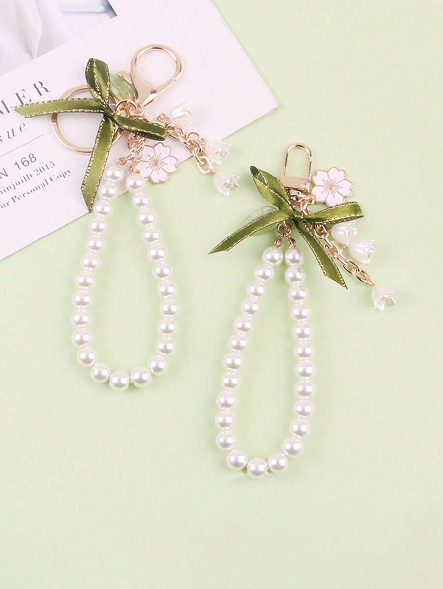 1pc Green Ribbon Lanyard, Car Key Chain Pendant, Creative Lily Flower Pearl Chain Pendant, Earphone Case Bag Decor