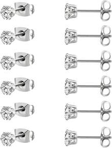 MDFUN 6 Pairs Stud Earrings Sets 3-8MM 18K Gold Plated Round 5A+ Cubic Zirconia Earrings CZ 6 Prong Ears Jewelry Women - 5MM-白金 - 查看 1