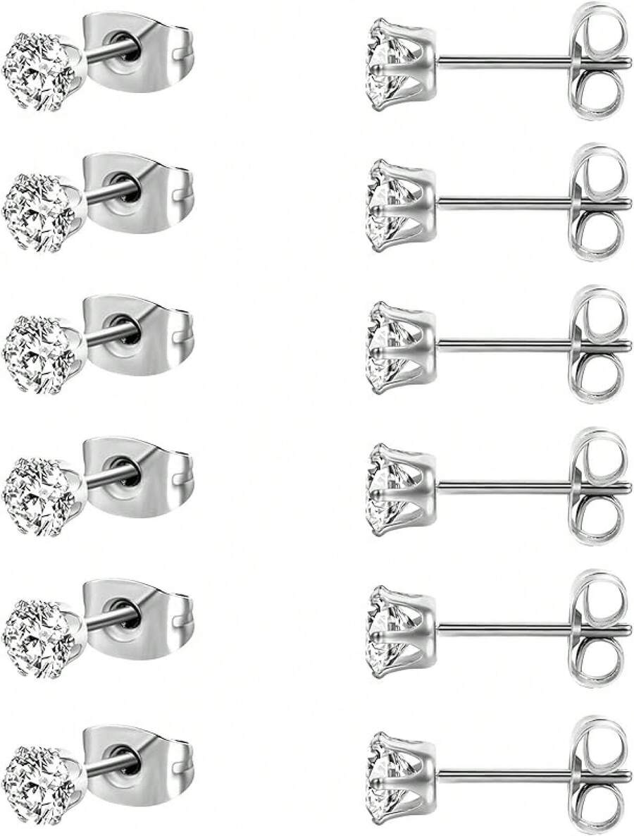 MDFUN 6 Pairs Stud Earrings Sets 3-8MM 18K Gold Plated Round 5A+ Cubic Zirconia Earrings CZ 6 Prong Ears Jewelry Women - 5MM-白金 - 查看 1