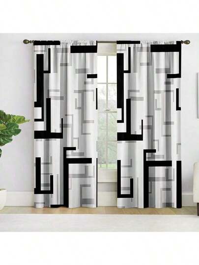 Modern Geometric Black And White Digital Print Decorative Curtain Set - 2 Panels, Semi-Sheer Privacy Window Drapes For Bedroom And Living Room, Fade Resistant Brushed Fabric, Rod Pocket Top, Polyester, Machine Washable, All-Season