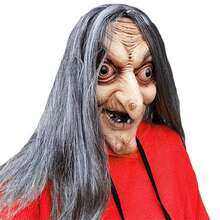 1pc Halloween Upgraded Latex Horror Long Hair Witch Mask, Haunted House Costume Old Grandma Grey Long Hair Witch Head Cover, Character Cosplay Prop Mask