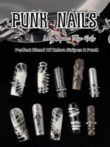 10pcs Handmade Punk Style Nail Stickers, Rectangular (Almond Shape) And Short Rectangle Designs, Featuring Crocodile Texture Pattern, Punk Rock Rivet Elements, Unique Look, Suitable For Women And Girls For Daily Wear Or Festive Occasions To Enhance Overall Styling Nails - Multicolor - View 1