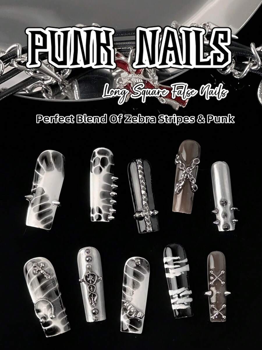 10pcs Handmade Punk Style Nail Stickers, Rectangular (Almond Shape) And Short Rectangle Designs, Featuring Crocodile Texture Pattern, Punk Rock Rivet Elements, Unique Look, Suitable For Women And Girls For Daily Wear Or Festive Occasions To Enhance Overall Styling Nails - Multicolor - View 1