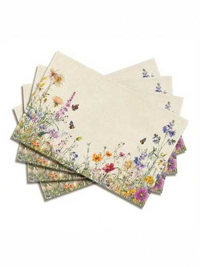 1/4/6/8/12pcs Floral Border Wildflowers Placemats 12x18inch - Washable Polyester Rectangular Table Mats For Dining, Kitchen & Holiday Party Decor, Vibrant Yellow Background With Green Foliage And Colorful Flowers