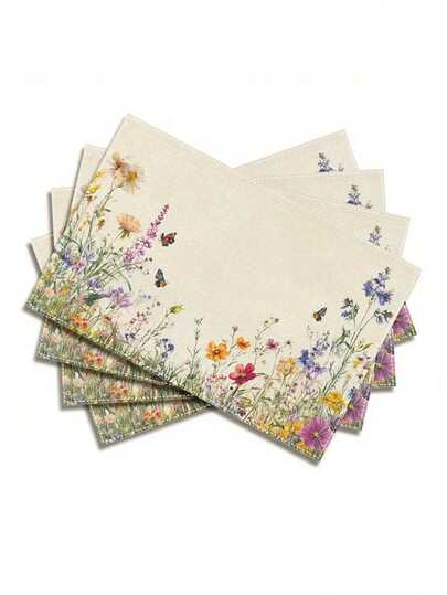 1/4/6/8/12pcs Floral Border Wildflowers Placemats 12x18inch - Washable Polyester Rectangular Table Mats For Dining, Kitchen & Holiday Party Decor, Vibrant Yellow Background With Green Foliage And Colorful Flowers