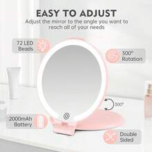 FUNTOUCH - Espejo de viaje con luz, 10 x 1 x doble cara, espejo de cambiador de maquillaje recargable con 3 ajustes de color, rotación ajustable LED espejo de computadora, color rosa - rosa - Ver 2
