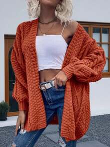 Womens Oversized Open Front Cardigan Sweaters Cable Knit Lantern Sleeve Chunky Knit Coats - Màu Cam san hô - Xem 2