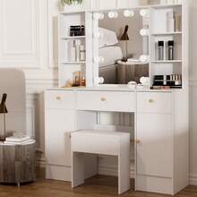 Large Dressing Table With Lighted Mirror 6 Shelves Vanity Makeup Desk Stool Set - White - View 4