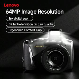 Lenovo 联想 C35 5K 64MP 数码相机，配备 16 倍变焦、3 英寸屏幕、专业传感器、自动对焦和防抖、8 种可选拍摄场景、用于直播的紧凑型旅行相机、初学者 - 包括 64GB TF 卡和配件、初学者摄影 | 时尚白色相机 | 可调设置、用于视频博客的相机