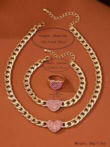 三角形粗链套装，镶嵌水钻心形吊坠的项链、手链和戒指套装，时尚优雅，适合派对、宴会和日常佩戴。 - 金黃色 - 查看 4