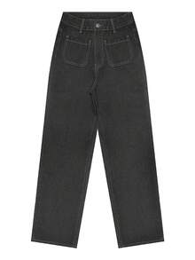 NVFelix 女士高腰直筒无弹力破洞牛仔裤，优雅Y2K户外休闲风格，适合春夏穿着，深灰色，2026新款 - 深灰色 - 查看 7