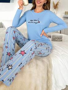 Mirano Slogan Print Short Sleeve Top & Cherry Pattern Long Pants Pajama Set - Blue - View 5