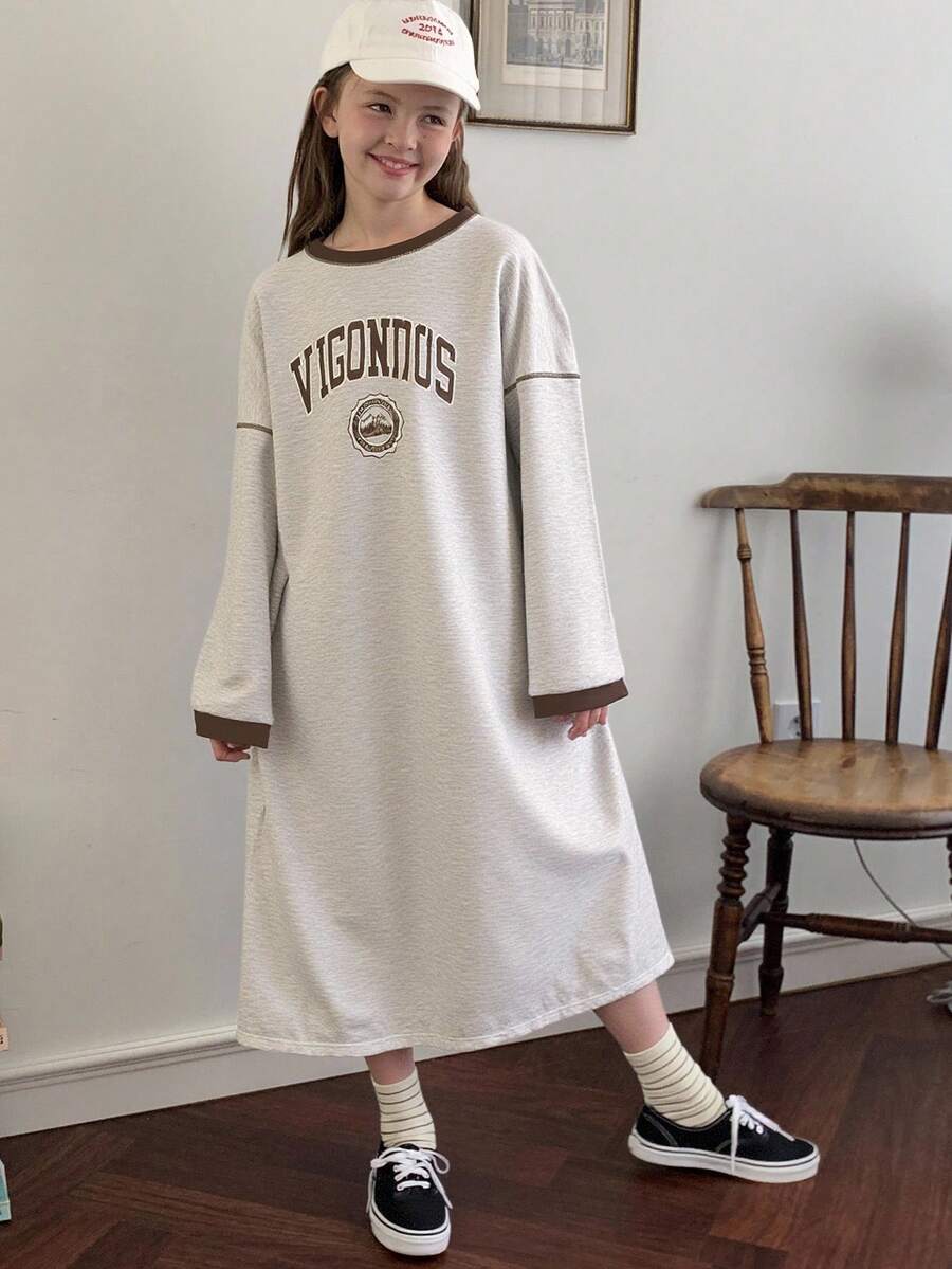 DAZY Vestido recto con cuello redondo y forro térmico para niña preadolescente en temporada de otoño - Gris - Ver 1