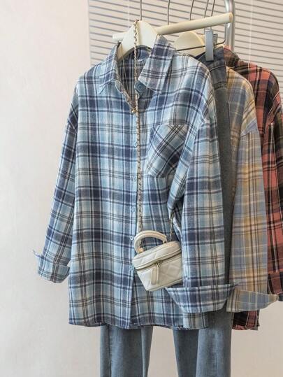 YUXIN Retro American Plaid Long Sleeve Shirt For Women, Chic Loose Fit Casual Blouse With Design Details, Suitable For Spring And Autumn