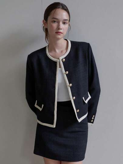 2025 时尚粗花呢夹克，优雅撞色饰边，前扣开合