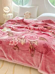 1pc Christmas Floral Pattern Blanket, Soft Double-Layer Raschel Throw Blanket, Long Plush Warm & Cozy For Bedroom, Living Room, Travel