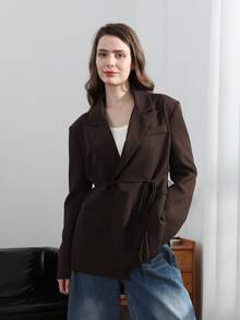 HH Women's White Turn-Down Collar Long Sleeves Lace-Up Blazer - Mocha Brown - View 4