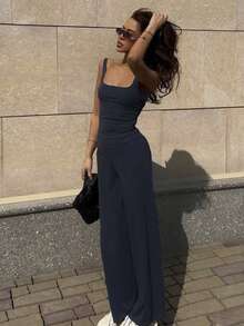 Casual Two Pieces Suits Lounge Sets For Women Fall Clothes Backless Tank Top Simple Pants Suits Sporty Gym Outfits Back To School