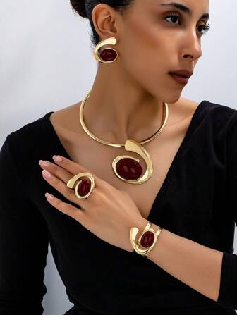1pc/Set Vintage Elegant Luxury High-End Stainless Steel Alloy Resin Inlaid Women's Earrings, Ring, Bracelet, Necklace Gold Stainless Steel Jewelry Set, Suitable For Women's Banquet, Party, Wedding, Gathering, Holiday Gift