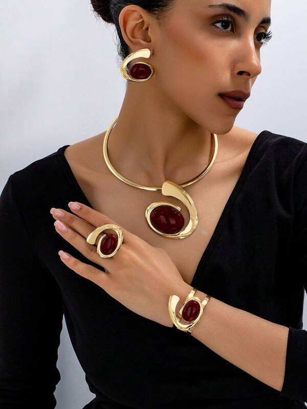 1 pièce/set Ensemble de bijoux en or élégant et de luxe, en alliage d'acier inoxydable incrusté de résine colorée. Comprend des boucles d'oreilles, une bague, un bracelet et un collier. Convient pour les banquets, les fêtes, les mariages, les rassemblements et les cadeaux pour femmes.