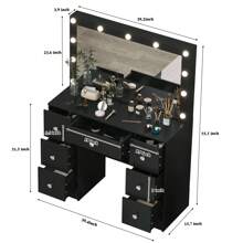 Vanity Makeup Desk Large Dressing Table 11 LED Bulbs Lighted Mirror And 7 Drawer - 黑色 - 查看 7