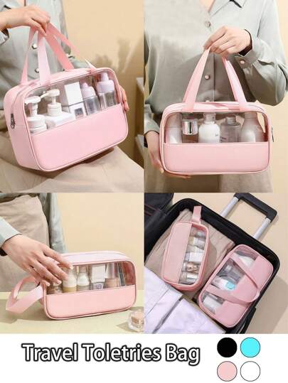 1 pieza Bolsa de tocador de viaje de PVC azul claro, bolsa de cosméticos personalizable con letra, bolsa de maquillaje multifuncional semi-transparente, organizador de viaje con cremallera, bolsa de malla, bolsa de viaje para cosméticos, cuidado de la piel, teléfono, joyas y otros artículos pequeños, necesidades de viaje de verano, Día de la Madre, Día de San Valentín, Halloween, Navidad, regalo, viaje de vacaciones, suministros para el hogar, estilo bohemio disponible