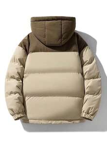 男士夹克，冬季灯芯绒拼色可拆卸连帽夹克，大口袋设计休闲宽松运动外套