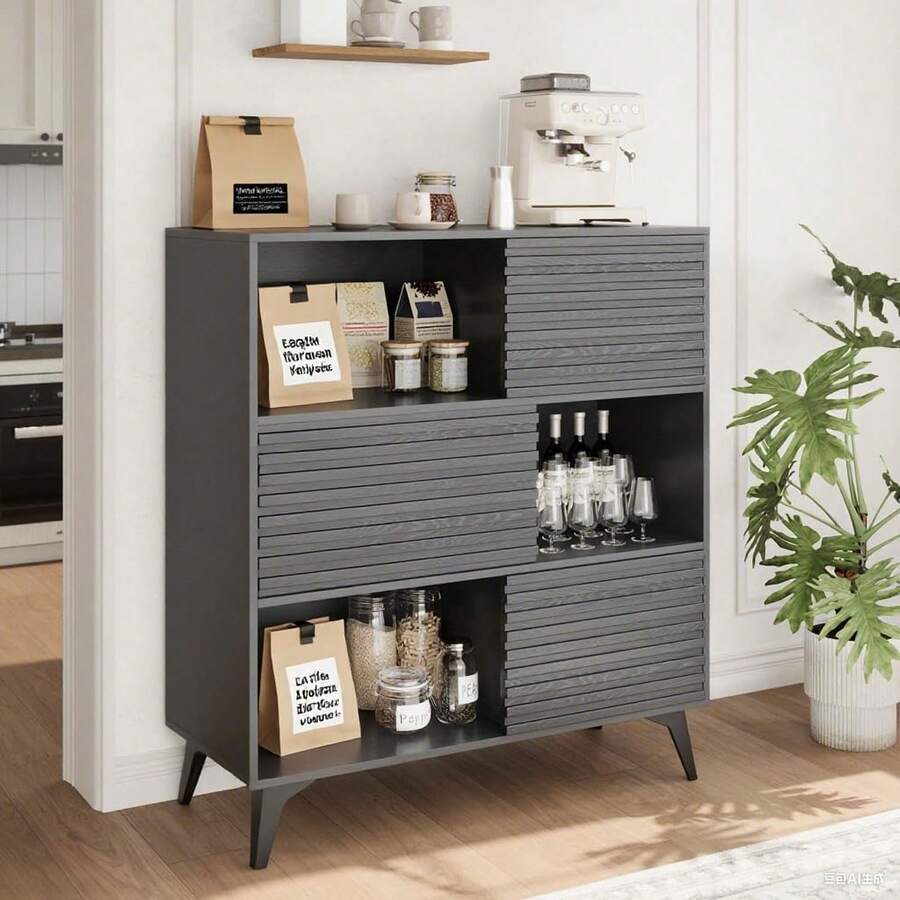 Three-Layer Wood Storage Cabinet, Durable Particle Board Organizer With Multi-Layer Shelves, Compact Design For Office Or Home, Ideal Furniture Storage Solution Mid-Century Modern 3-Tier Display Storage Cabinet With Doors, Wooden Buffet Accent Cabinet With Strong Legs For Living Room, Dining Room, Kitchen, Hallway - 黑色 - 查看 1