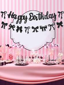 一套黑色蝴蝶结闪亮“生日快乐”横幅，女孩派对背景装饰，生日快乐蝴蝶结花环横幅，闪亮粉色生日快乐蝴蝶结装饰，粉色生日派对用品，一周岁生日派对横幅，新娘送礼会装饰，家居卧室客厅婚礼户外装饰 - 黑色 - 查看 7