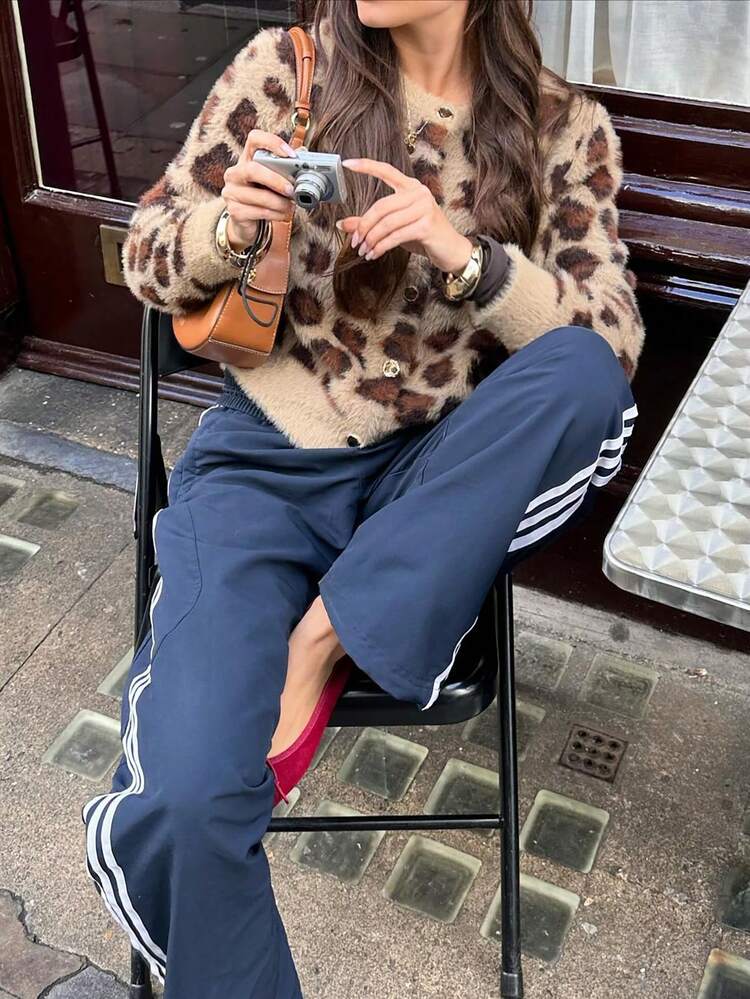 1pc Women's Retro Elegant Leopard Print Knitted Cardigan With Metal Buttons, Suitable For Autumn/Winter, Back To School - Multicolor - View 5