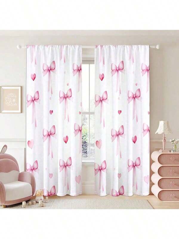 2pcs Set Pink Bow Print Light Filtering Curtains - Rod Pocket Design For Easy Hanging, Perfect For Bedroom, Living Room, Office Decor, Curtains For Living Room