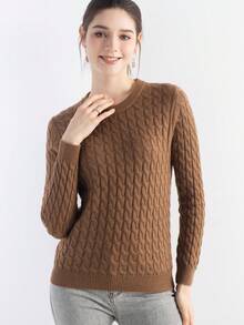 女式美利奴羊毛毛衣 2025 秋冬经典麻花圆领长袖保暖柔软针织套头衫 - 棕色 - 查看 7