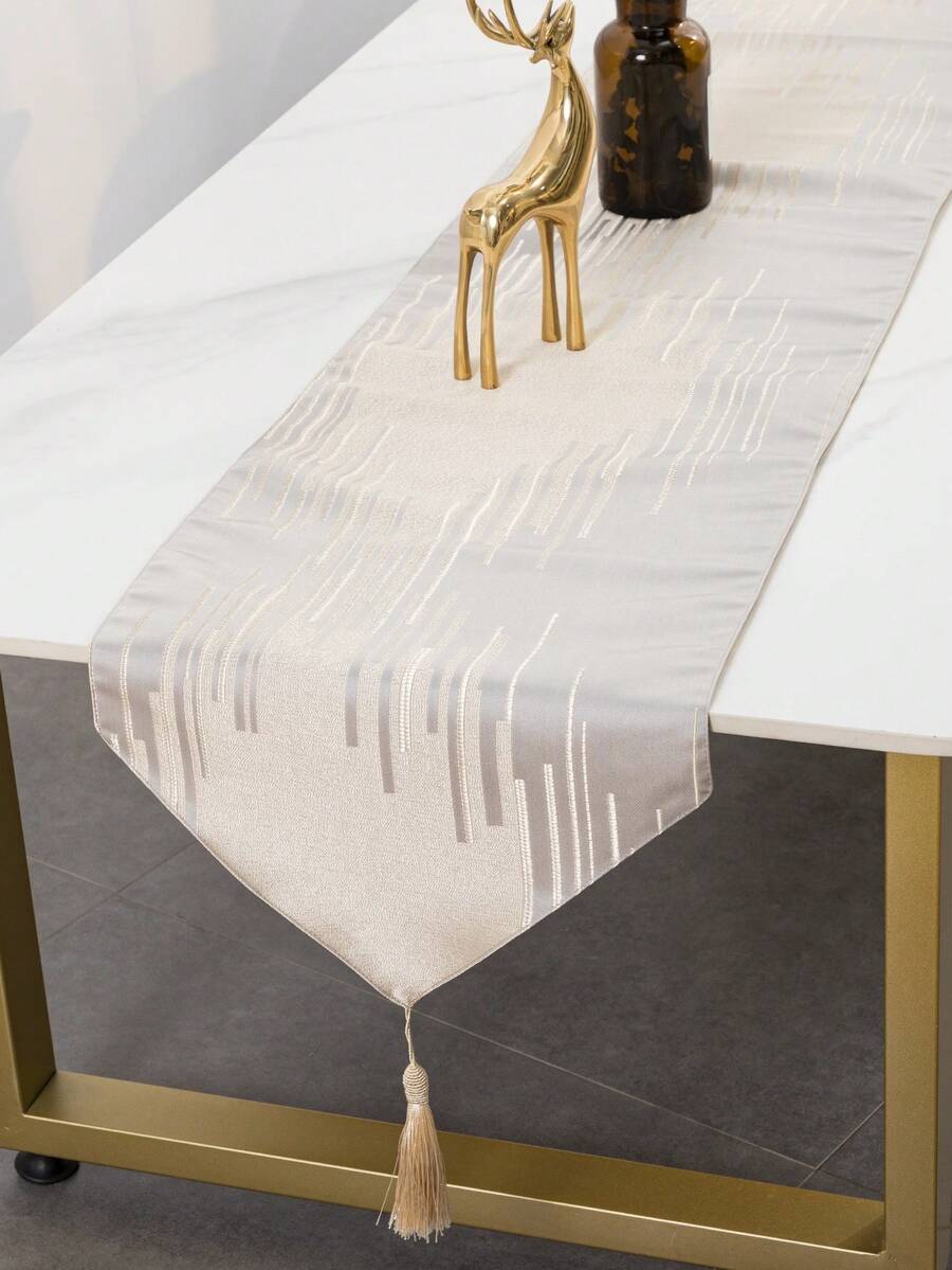 1pc Grey Meteor Shower Striped Pattern Tablecloth, Polyester High-Density Jacquard Weaving, Tassel Fringe, Suitable For Home Kitchen, Dining Room, Hotel, Bar, Coffee Shop, Outdoor Garden, Holiday Party Decoration