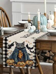 1 pièce/10 pièces Chemin de table motif chat citrouille d'Halloween, chemin de table de la récolte d'automne, décoration de maison saisonnière, style ferme, matériau similaire au lin, 33*91CM/33*183CM/33*274CM, 3 options de taille, fournitures pour fête d'intérieur et d'extérieur, décoration thème citrouille, décoration de chambre. Convient pour la décoration de cuisine à la maison et la décoration de fête - Multicolore - Voir 1
