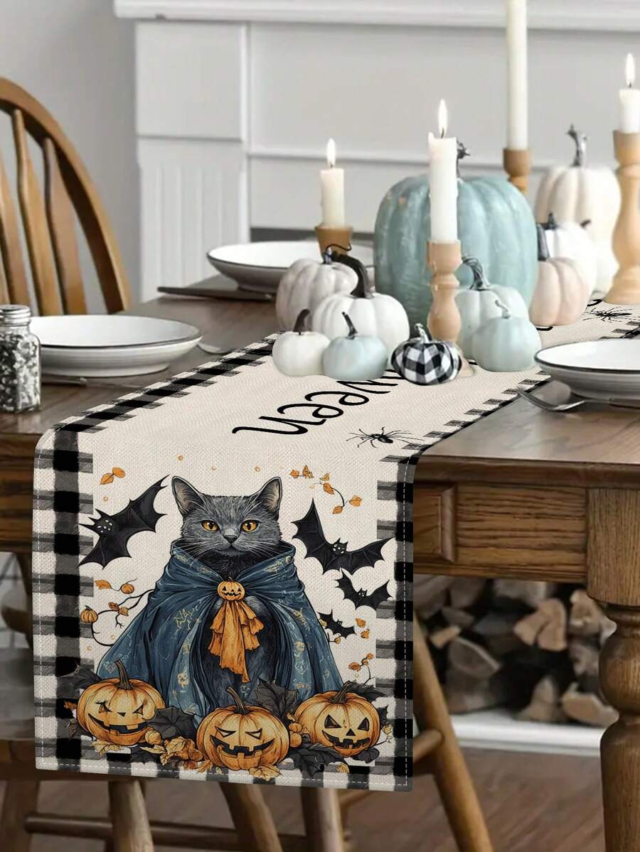 1 pièce/10 pièces Chemin de table motif chat citrouille d'Halloween, chemin de table de la récolte d'automne, décoration de maison saisonnière, style ferme, matériau similaire au lin, 33*91CM/33*183CM/33*274CM, 3 options de taille, fournitures pour fête d'intérieur et d'extérieur, décoration thème citrouille, décoration de chambre. Convient pour la décoration de cuisine à la maison et la décoration de fête - Multicolore - Voir 1