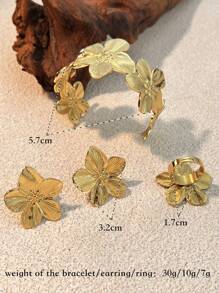 4pcs Elegant Floral Stainless Steel Jewelry Set, Gold Plated Earrings & Bracelet, Sophisticated Gift Set For Women, Valentine's Day