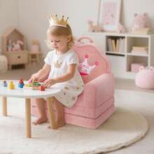 Kids Couch, 2-In-1 Convertible Soft Sherpa Fabric, Toddler Chairs Comfy 1-5 Years Old, Cartoon Animal & Crown Design, Toddler Furniture For Bedroom And Playroom, Pink Crown, Medium - 粉紅皇冠 - 查看 6