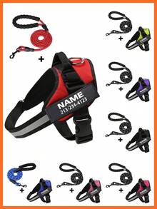 Customizable Reflective Dog Harness Leash Set, Adjustable Pet Chest Vest With Personalized Name & Phone Number Patch, Polyester, Striped Design, Washable Dog Harness,Christmas Gift Supplies - Multicolor - View 5