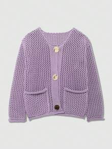 Áo len cardigan dệt kim dày đính nút kim loại tối giản thời trang nữ, phù hợp cho mùa xuân và mùa thu - Bụi tím - Xem 2