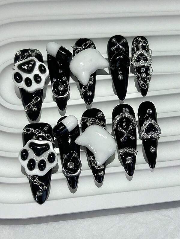 10PCS Menhera Y2K Gyaru Black White Long Tip Handmade Press On Nails Jirai 3D Cat Paw Love Cross Fake Nails Kawaii Dark Nail Art Nail Supplies(1 Sheets Jelly Stickers+1PC Nail File)