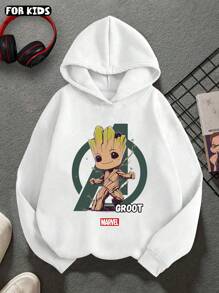 Marvel Ragazzi, ragazze, adolescenti, casual primavera/autunno, tinta unita, logo Avengers, sfondo, carino albero uomo Groot, felpa con cappuccio a maniche lunghe con stampa grafica, vestibilità ampia, spalle scese, bianco