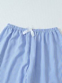 2pcs Women Blue & White Striped Print Pajama Set, Long Sleeve Button Collar Top And Pants, Casual Sleepwear Homewear Suit For Autumn/Winter, Fall Clothes