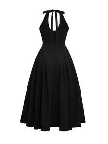 Unadoll 女士性感低胸系带露背连衣裙，春季新款，收腰设计，拉链款式，优雅迷人，适合海滩度假、约会、郊游、派对、生日、情人节等各种场合。 - 黑色 - 查看 4