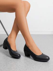Zapatos de tacón bajo y grueso cómodos y de bloque para trabajo, con puntera cerrada y redonda, zapatos de vestir para oficina y negocios para mujer - Negro - Ver 3
