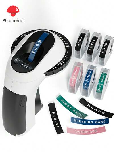 Phomemo Phomemo 1 conjunto E975 Máquina de etiquetar em relevo com 6 fitas de 9 mm/3/8" (3 pretas/1 rosa/1 azul/1 verde), etiquetadora retrô portátil em relevo, mini etiquetadora em relevo com 6 rolos de fitas de etiqueta para casa, escritório, faça você mesmo e artesanato, etiquetadora 3D com legibilidade clara