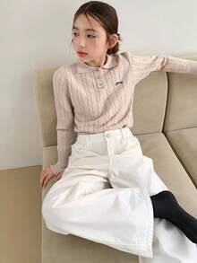 Dazy Kids Tween Girl Bow Decor Polo Neck Long Sleeve Casual Sweater, Autumn/Winter - Apricot - View 5